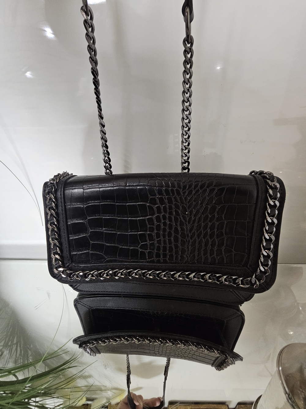 MMS Design Studio Black Croc-Embossed Chain Shoulder Bag
